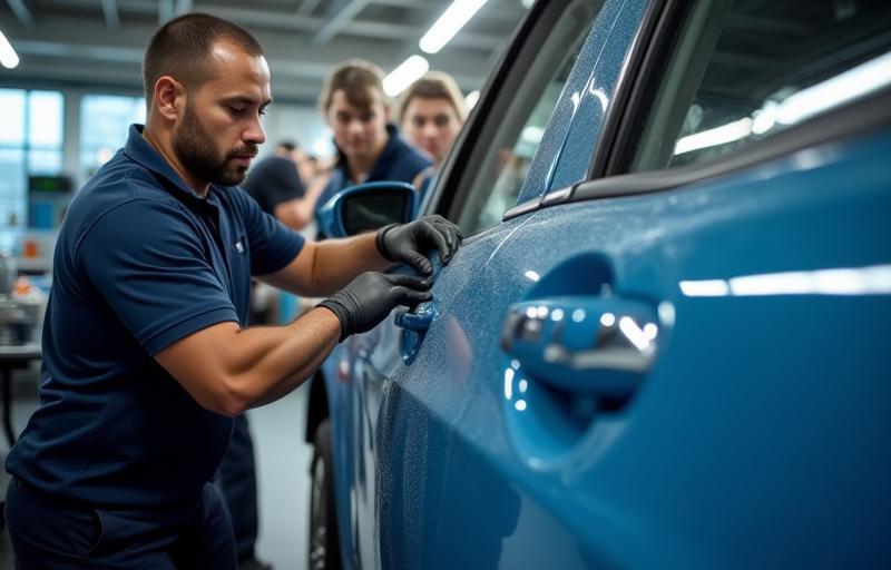 Clean Wheels Auto Spa team working meticulously on a car's exterior - conveys dedication and teamwork