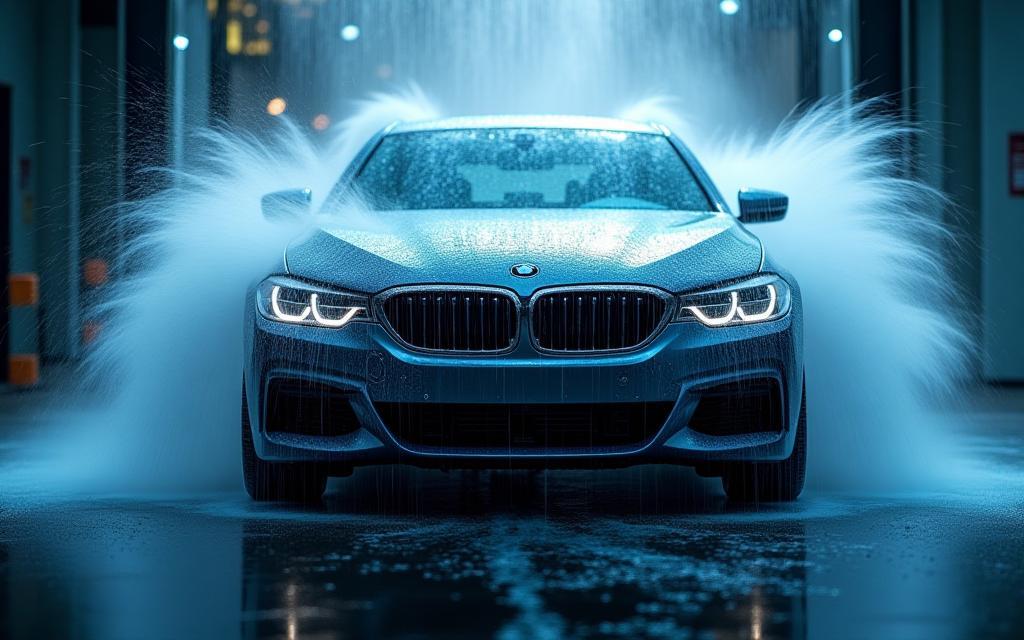 High-quality image of a car being washed with water splash - conveys freshness and cleanliness