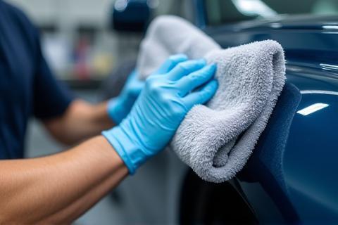 A technician carefully drying a car panel with a plush microfibre towel - depicts the drying stage