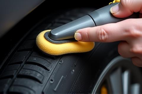 Applying tire dressing to a car tire for a clean, finished look - represents final touches