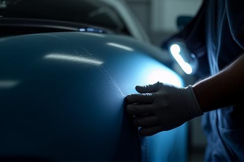 A skilled technician carefully inspecting the paintwork of a car with a bright light - highlights attention to detail