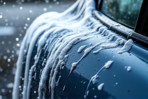 Powerful stream of water effectively rinsing soap and foam off a car's body - shows the rinsing step