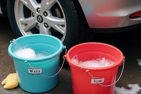Two buckets clearly labeled 'Wash' and 'Rinse' next to a car - illustrates the safe two-bucket method