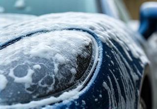 Close-up view of a car's exterior being washed with rich foam - represents thorough cleaning