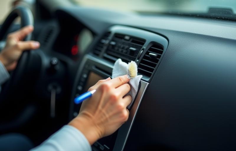Technician meticulously cleaning car interior dashboard and vents with specialized tools - shows detailed interior process