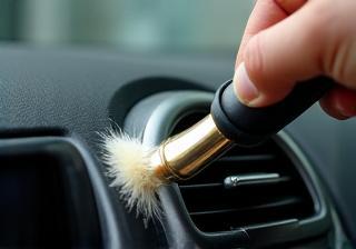 Detailed shot of a car's dashboard being cleaned with precision tools - indicates meticulous interior care